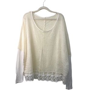 TGM Made In Italy Women's Wool Blend Top Lightweight Lace Trim Scoop Neck Blouse